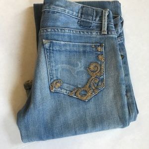 AG gold sign light wash denim embroidered pocket